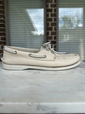 Sperry Slip On Pebbled Leather Topsider Eye Boat Moccasins Loafer Cream Size 8.5